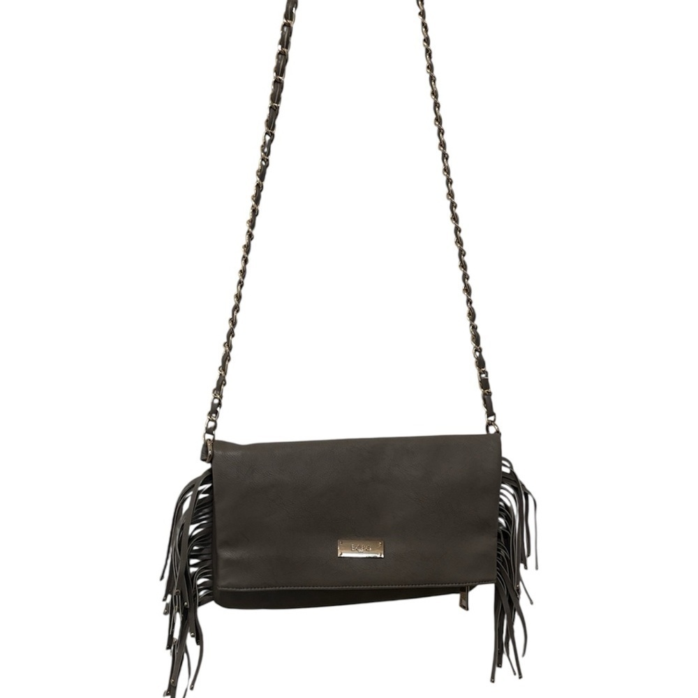 BCBG Gray Leather Shoulder Bag with Gold Logo Plaque